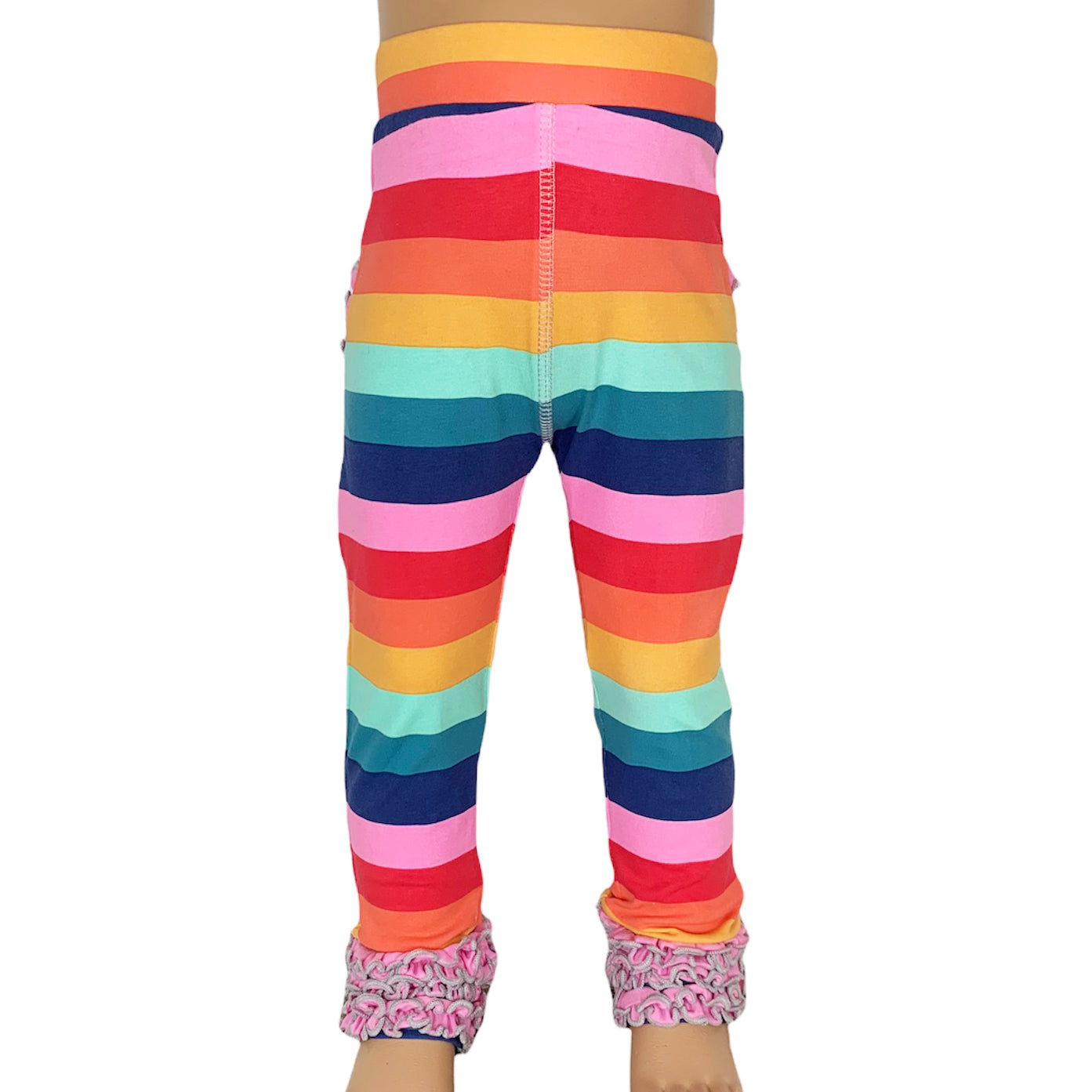 AnnLoren Rainbow Ruffle Butt Leggings for girls, featuring ruffles on the butt and ankles, made from soft Egyptian cotton.